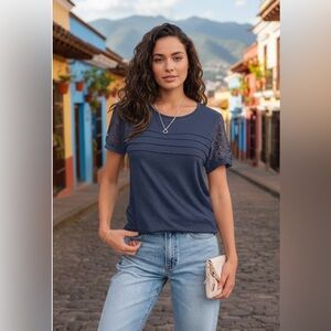 NWT NILOINE Elegant Navy Blue Lace Sleeve Top